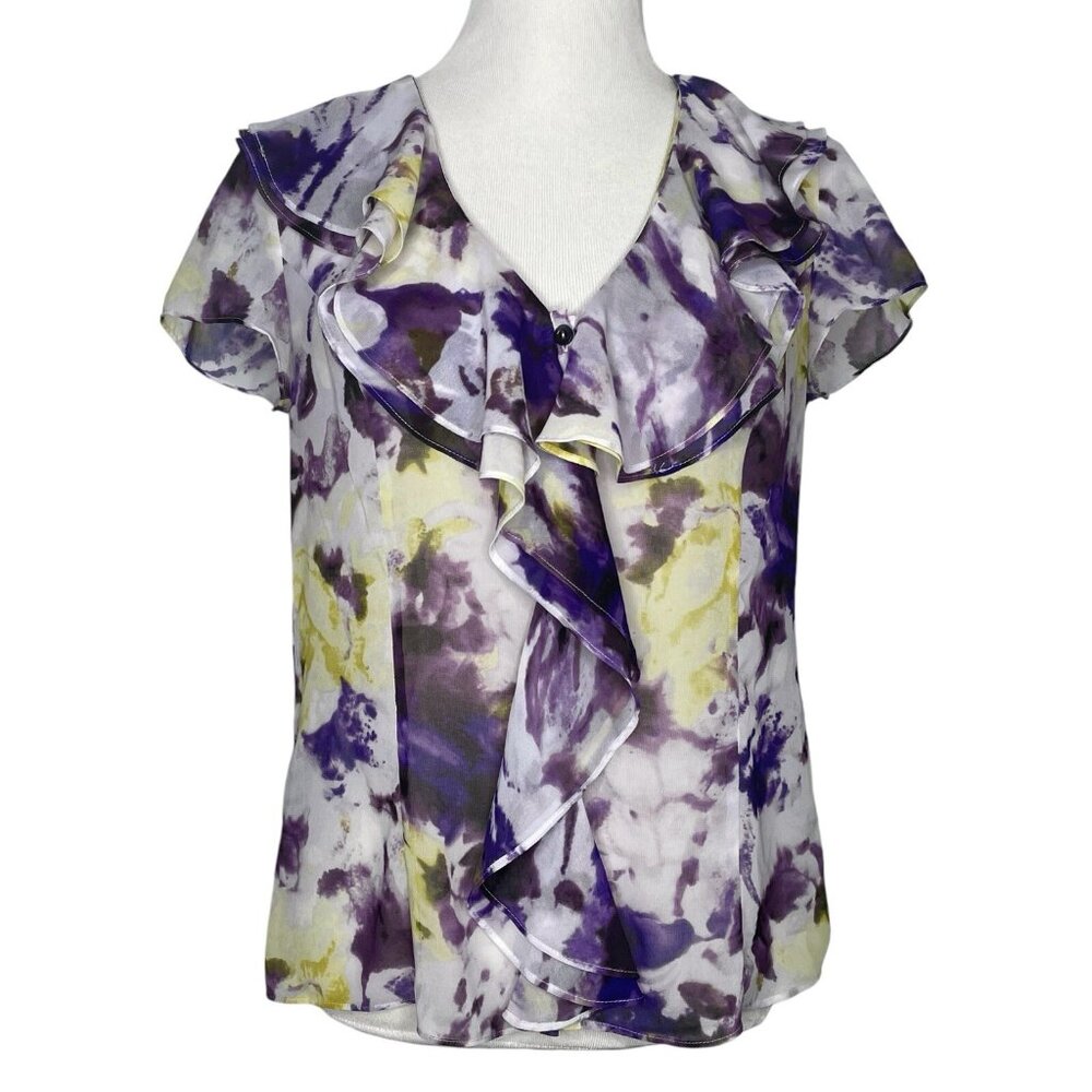Jones New York Blouse Size 8 Floral Sheer Cap Ruffle Sleeve Button Front